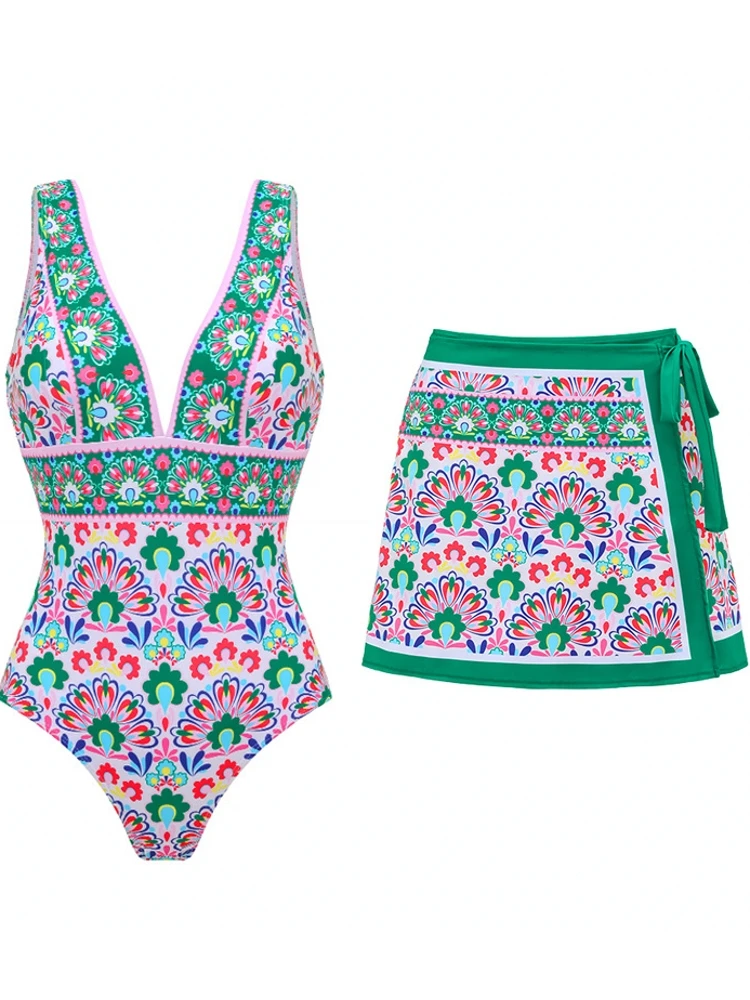 Bikini Bodysuit Swimwear Women With Skirt Bathing Suit Summer New Ruffle Splice Print Beachwear Holiday Bikini Cover Ups Outfits
