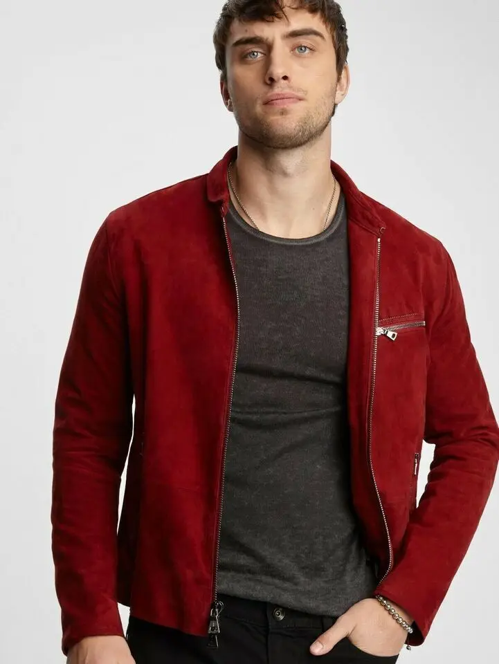 Men's Red Leather Jacket Stylish Custom Made Soft Suede Leather