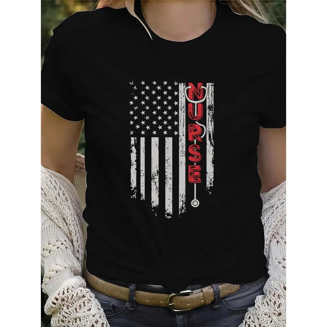 

Women's Nurse T-shirt American Flag Graphic Tee Patriotic Nurse Gift for Medical Staff Casual Short Sleeve Top