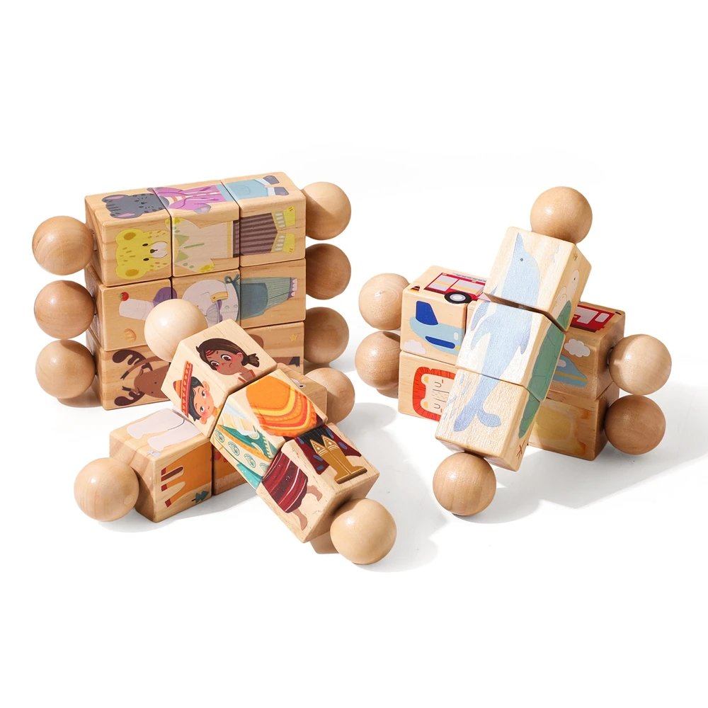 2PC Baby Wooden Rotating Jigsaw Puzzle Hand Bell Toy Montessori Educational Sensory Cognition Toys Kid Wooden Music Rattle Toy