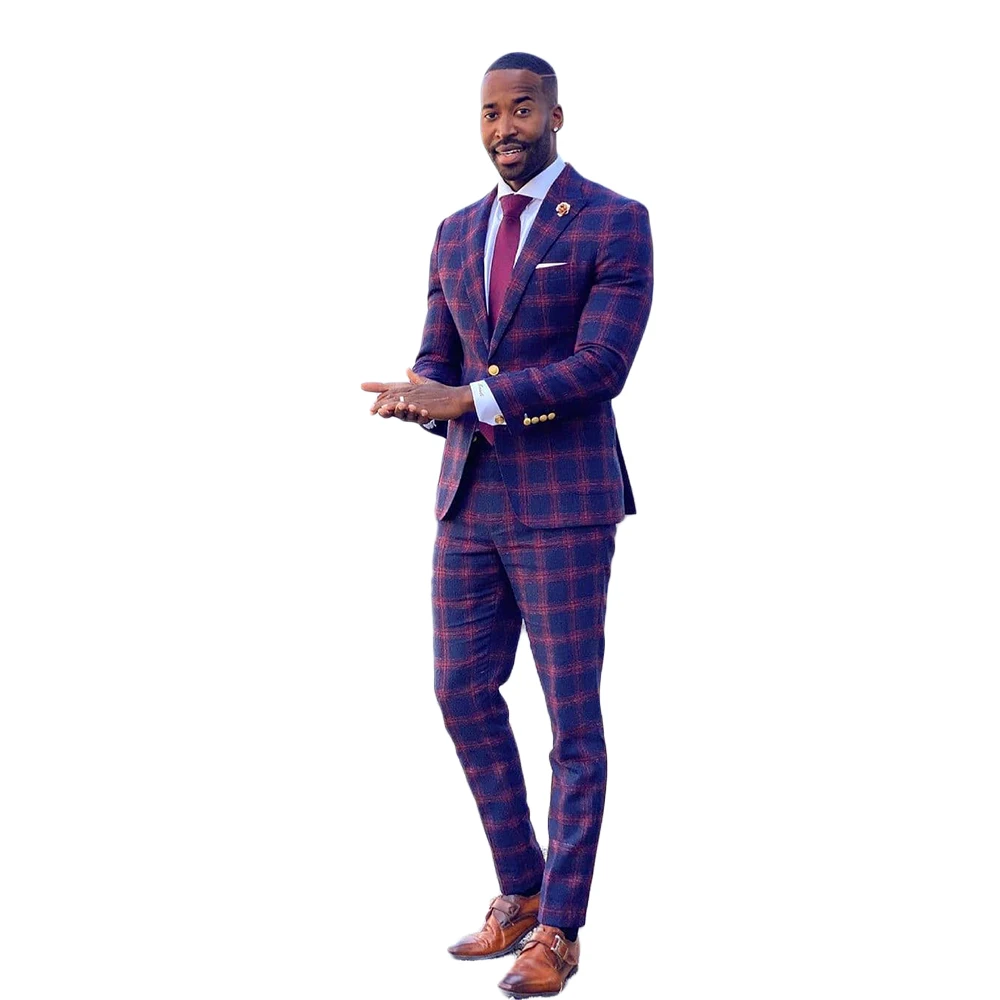 Classic Purple Plaid Men Tuxedos Vintage One Button Slim Fit Blazer Suits England Style Gentlemen Smart Casual Check Pants Set