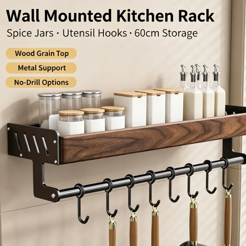 Wall Mounted Kitchen Spice Rack With Hooks Wooden Shelf Black Metal Frame Storage Organizer For Seasoning Bottles Utensils