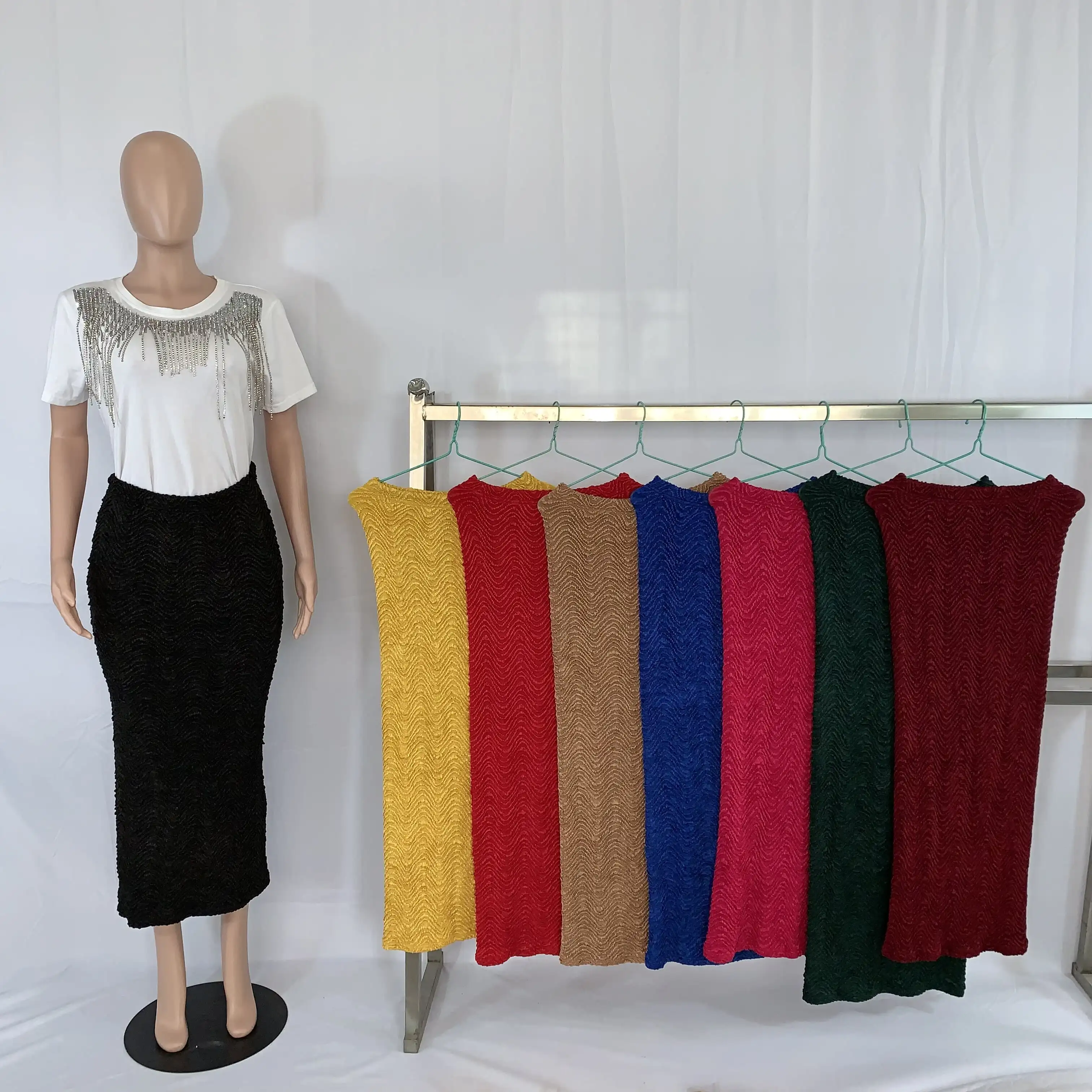 2024 Spring Summer 190904# New Type Knitted Long Fashion High Waist Pastel Hot Sale Dress Colorful Plus Size Skirt