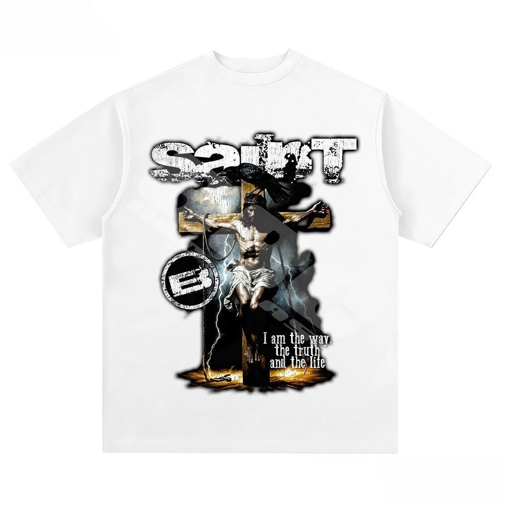 

Heavyweight Retro American-style Printed Pure Cotton Short-sleeved Hip-hop T-shirt, Round-neck Casual and Versatile Top, Sporty