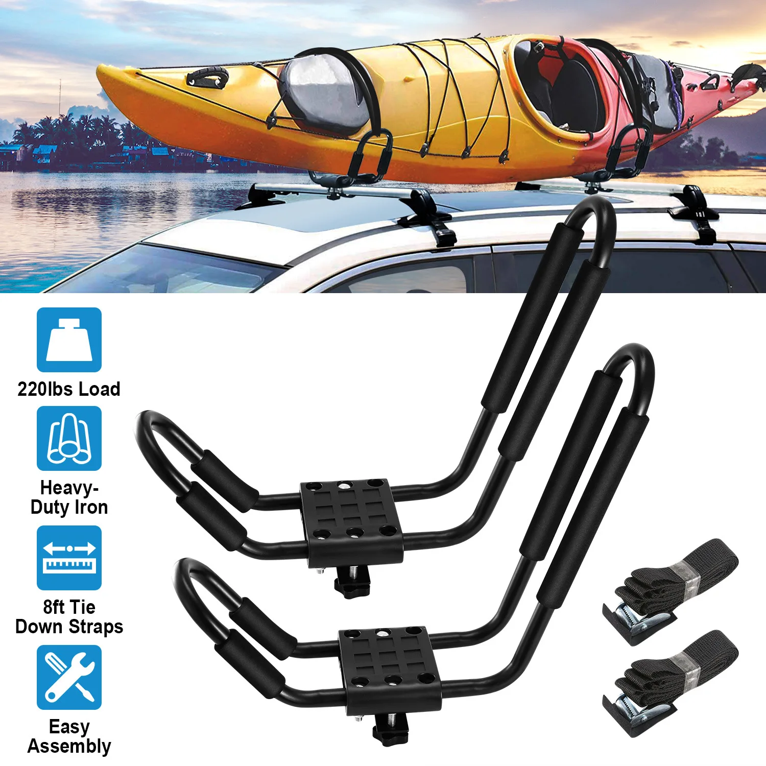 

1 Pair Universal J-Bar Kayak Carrier 220LBS Load Heavy Duty Canoe Car Top Mount Carrier Roof Rack with 2Pcs Tie Down Straps