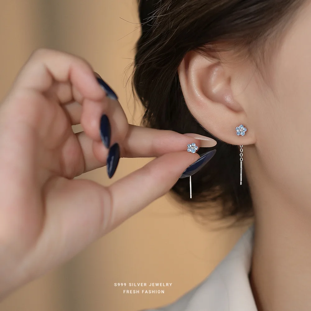 S999 Sterling Silver Blue Zircon Flower Tassel Earrings for Women Long Shiny Sweet Korean Simple Versatile Earrings - Image 3