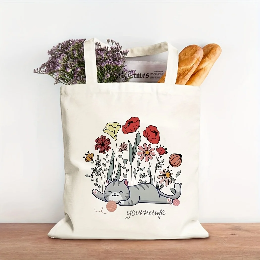 Playful Kitten And Spring Flower Design Shoulder Bag Large Capacity Foldable Shopper For Women And Teens