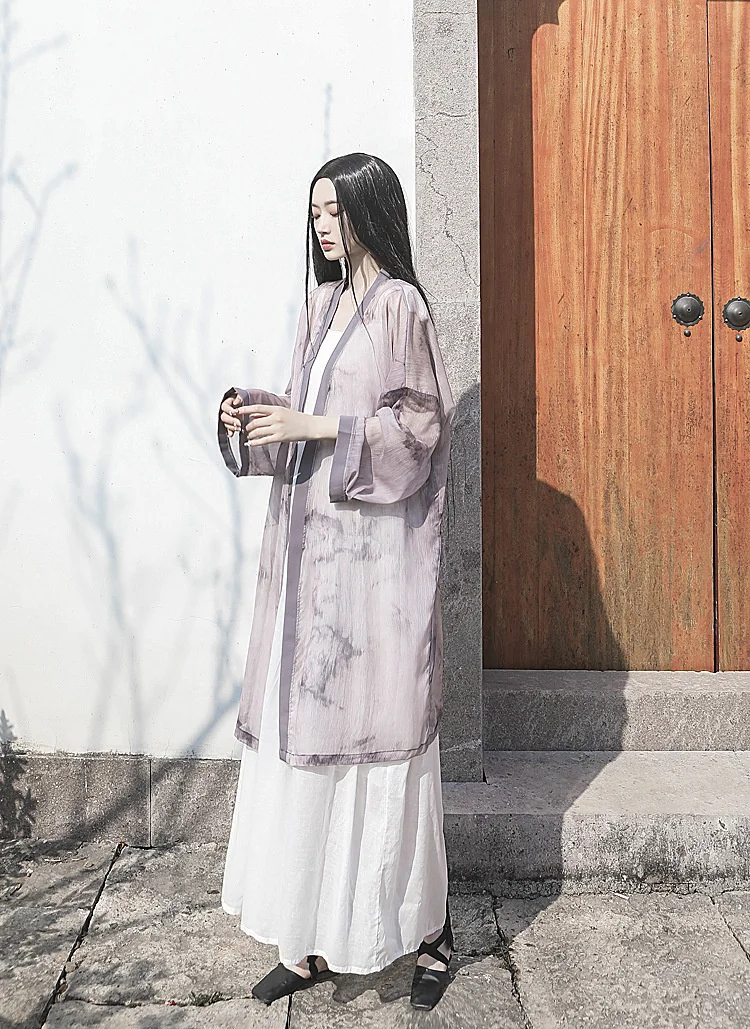 UMI MAO Chinese Style Coat Spring Summer Fog Gray Printing Dyeing Silk Linen Elegant Cardigan Sunscreen Coat Women Femme