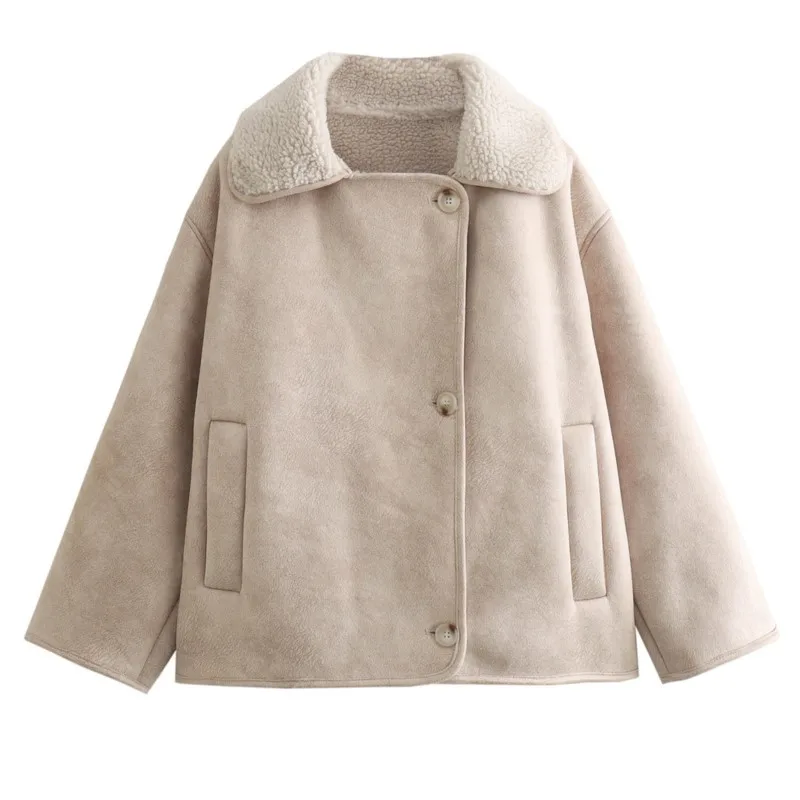 

Утепленное пальто из искусственной замши с воротником на флисовой подкладке, теплые ветрозащитные куртки, верхняя одежда, новинка зимы 2025, женская куртка в стиле ретро в корейском стиле