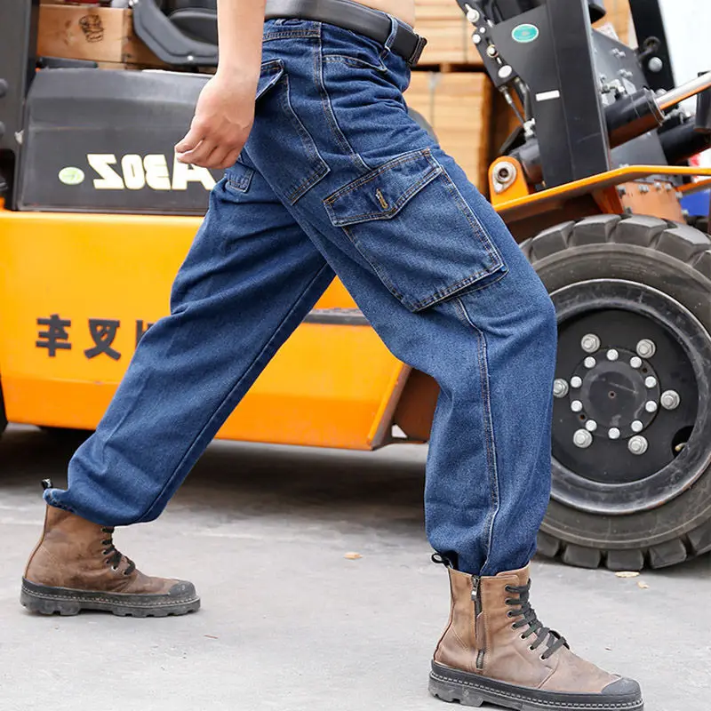 Jeans Men\'s Work Pants Wear-resistant Anti-scalding Loose Welding Workers Multi-pocket Overalls Auto Repair Labor Insurance Pant