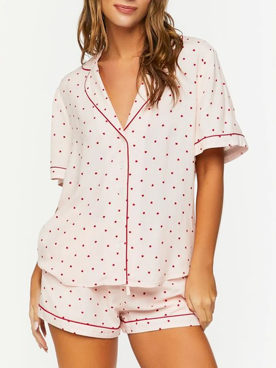 Conjunto de pijamas estampado com coração feminino, roupas loungewear, camisas soltas de manga curta, tops e shorts, roupas de dormir, 2 peças