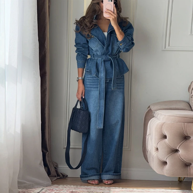 Revers-Taillenbetonende Schnür-Jeansjacken-Hosen-Sets für Damen, Street-Style, Langarm-Slim-Jacken, Weitbein-Hosen, Schicke Damen-Outfits – Detail 10