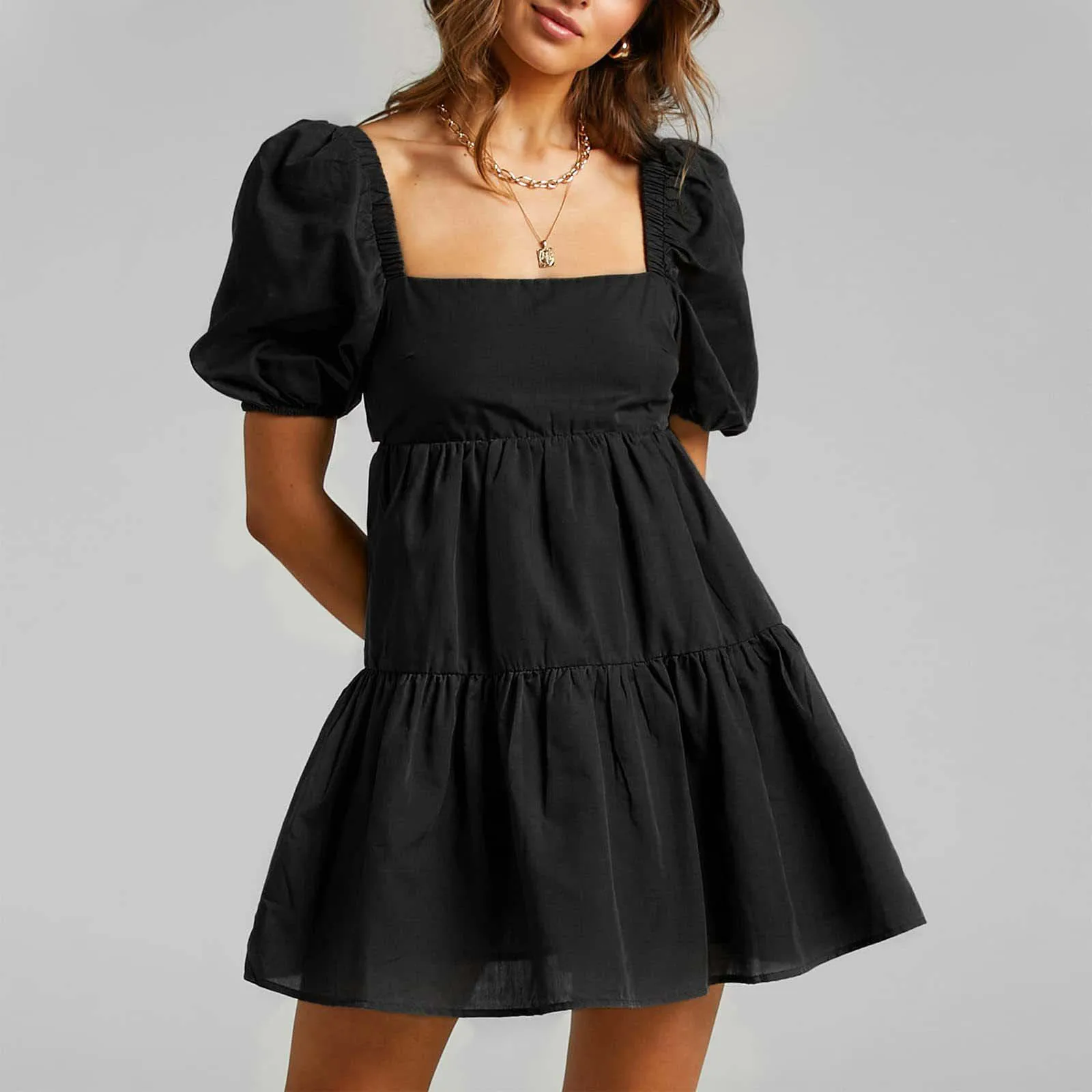 

Elegant Women Square Collar Mini Dress Solid Puff Sleeve Pleated Short Dresses Ladies Costume Temperament Summer Casual Dress