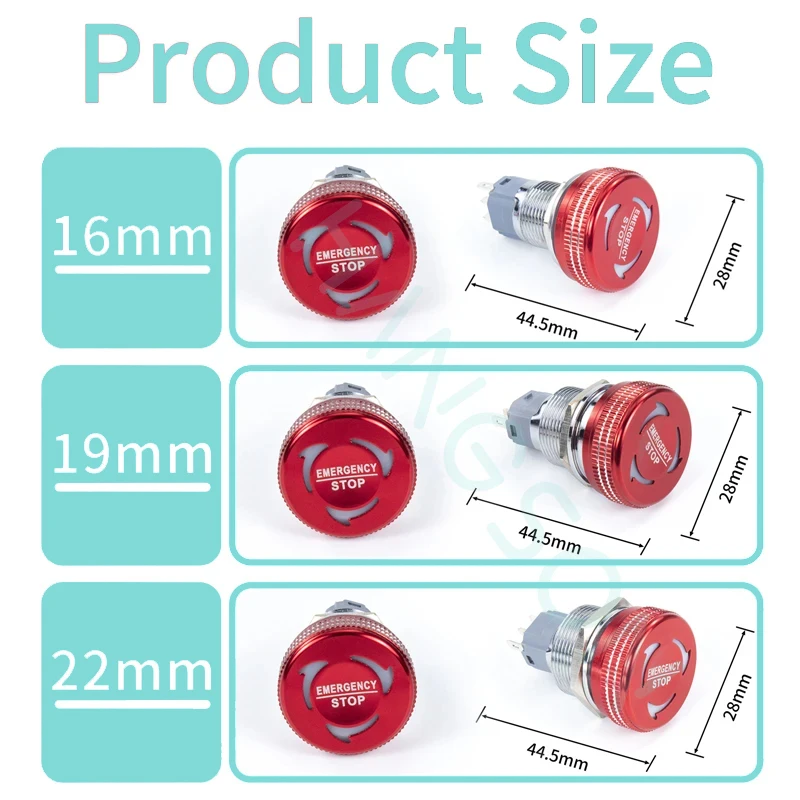 LED Emergency Stop Button Switch 16mm Momentary Metal Waterproof Red 19mm 22mm 1NO1NC Anti-slip Emergency Stop Switch with light