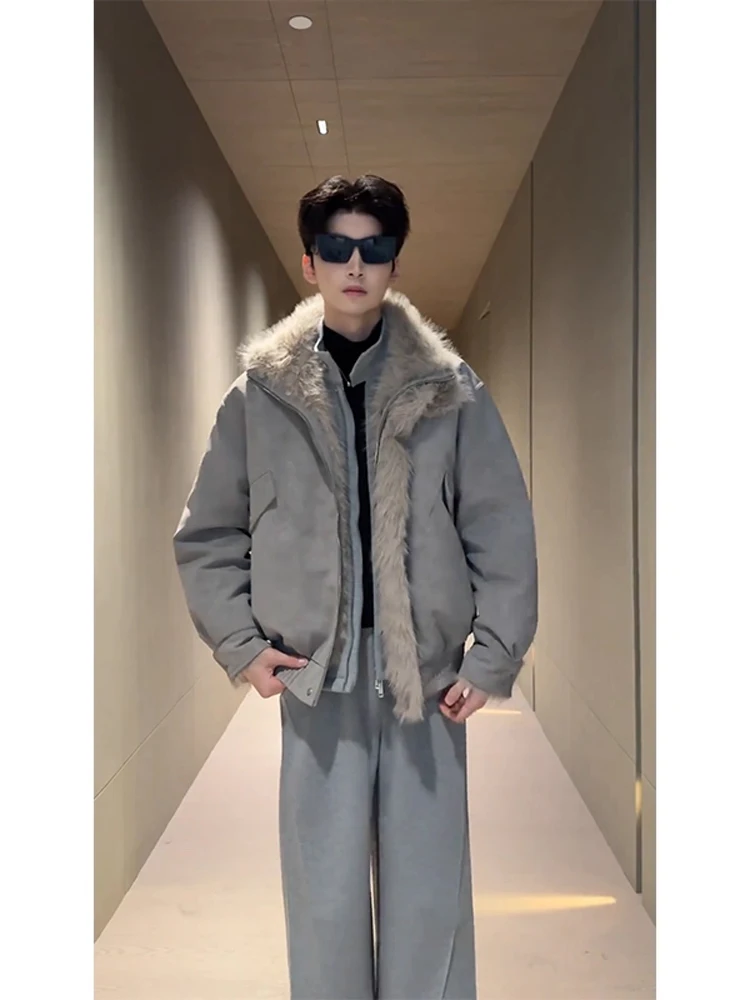 

Men's Winter Thiened Suede Collar Jaet Coat ort Fluffy Lined Cotton Wear Zipper Closure Warm Stand Fit Casual Coat