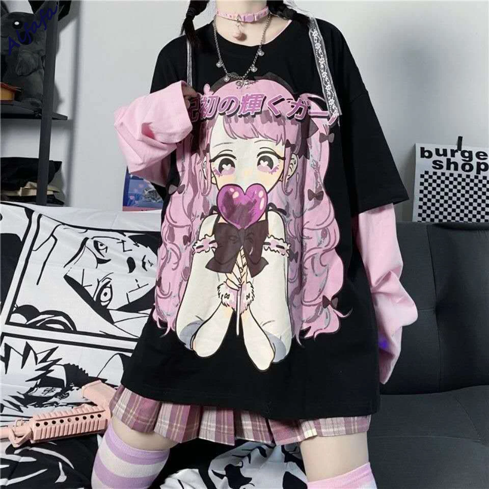 Emo Anime Long Sleeve T-shirt Women Spring Autumn Hip Hop Japanese Loose Top Kawaii Hoodie Sweatshirts E-girl Clothes Aesthetic