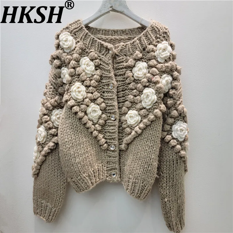 

HKSH осень-зима новый женский свитер с круглым вырезом однобортный трехмерный вязаный кардиган с цветочным принтом элегантный милый шикарный HK16350