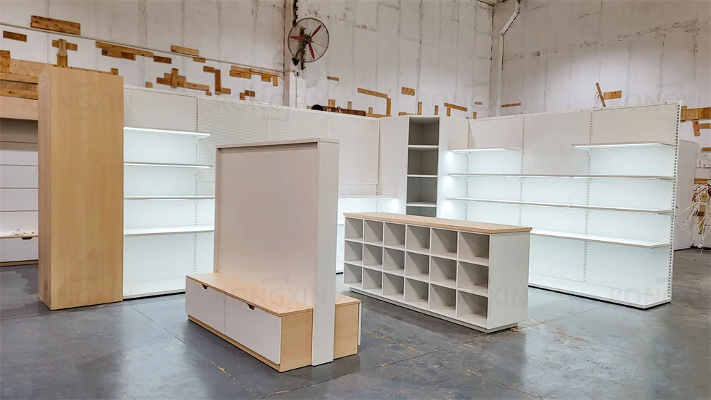 Rak Display Baja Kayu Desain Toko Ritel Kustom, Rak Gondola Supermarket, Tempat Penyimpanan, Rak Penyimpanan Ritel