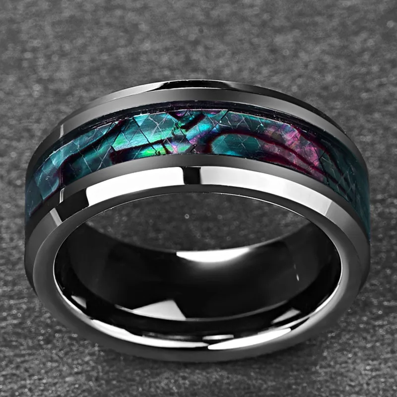 Fine Jewelry 8MM Inlaid Abalone Shell Beveled Steel Tungsten Carbide Ring Wedding Jewelry Valentine Gift