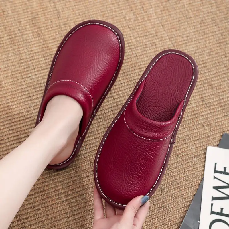 Home Leather Slippers Men and Women Spring 2024 New Non-slip Waterproof Floor Shoes Anti-odor Soft Sole Males Indoor Slides view 2