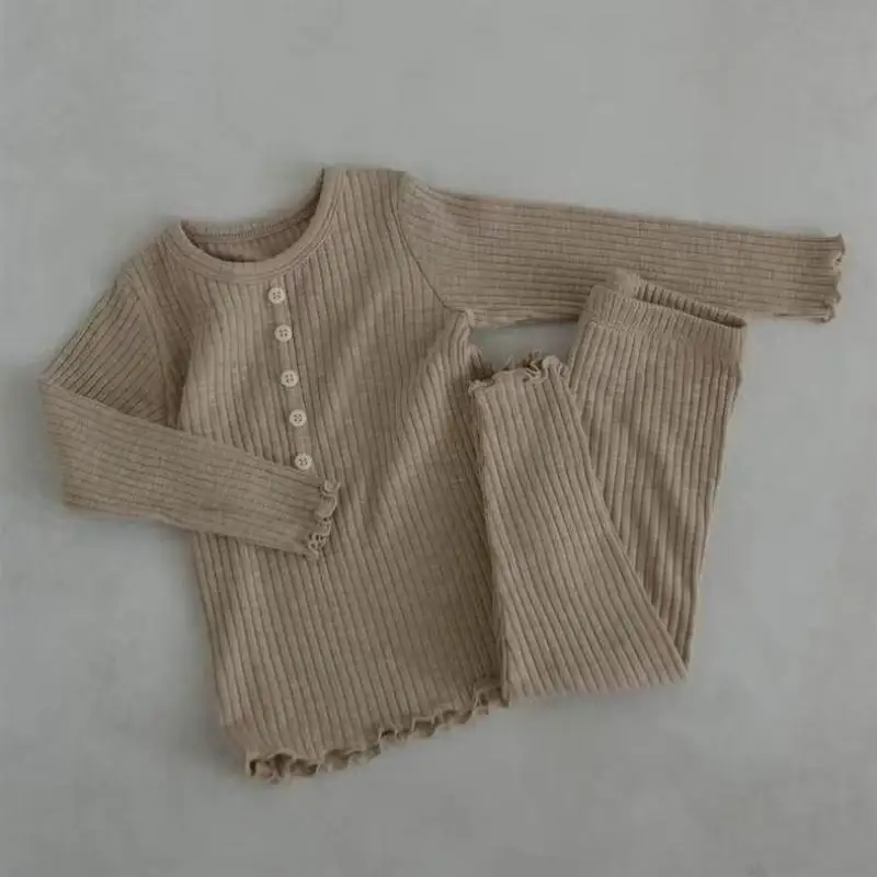 Autumn New Baby Long Sleeve Clothes Set Infant Boy Girl Cotton Comfortable Pajamas 2pcs Suit Kids Ribbed Knit Home Wear Outfits