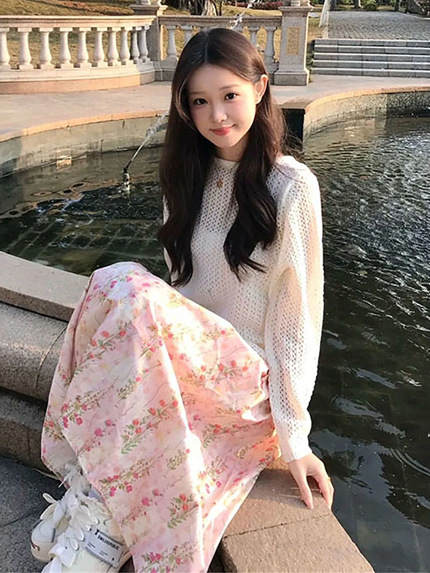 

Elegant Lady Set Knitted Hollow out Blouse Lace Trim Floral Half Skirt Spring Fashion Breathable Lightweight Casual Wear