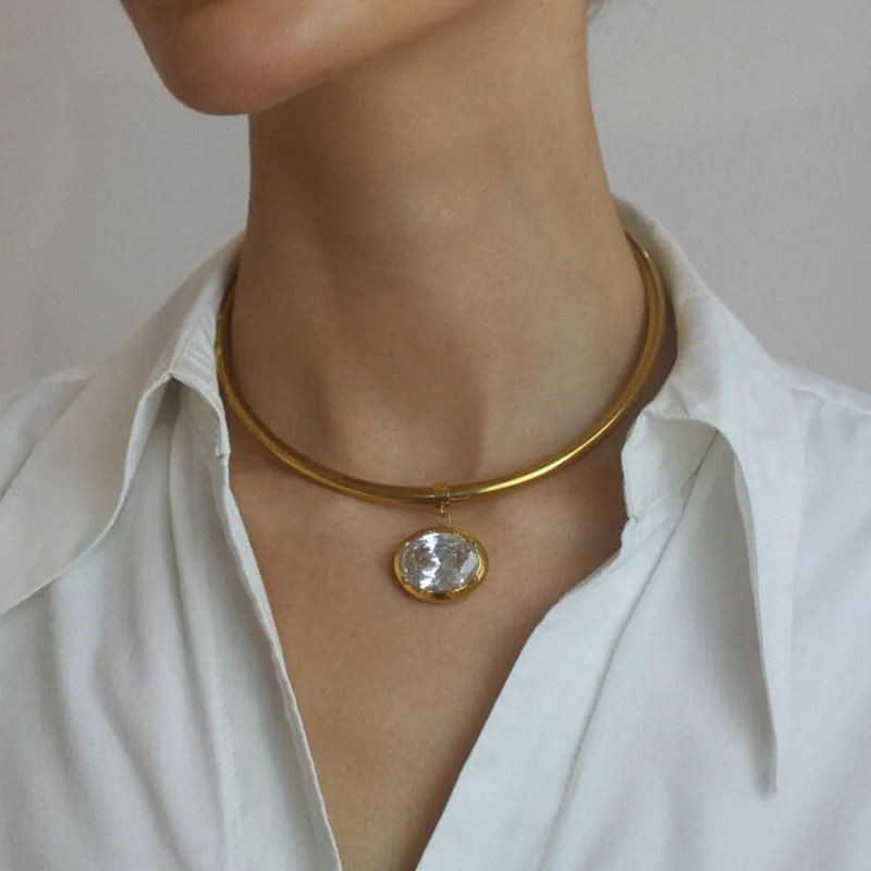 BIg stone choker necklaces for women stainless steel open necklaces daily elegant dainty jewelry non-tarnish jewelry