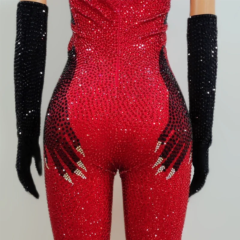 Glänzend Rot Schwarz Strass Overall Handschuhe Frauen Halloween Nachtclub Ds Dj Drag Queen Kostüm Gogo Pole Dance Kleidung SL7239