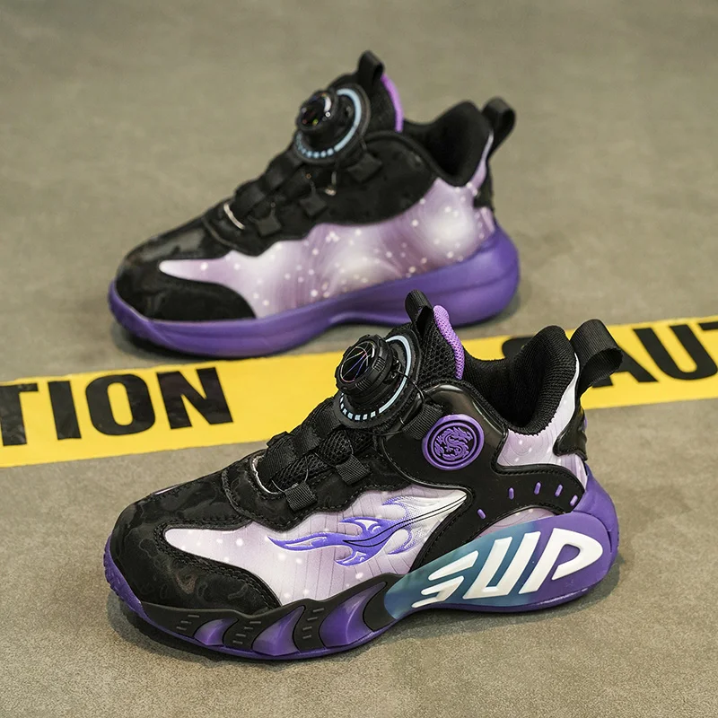 

Hot Sale Purple Kids Basketball Shoes Fashion Rotary Buckle Children's Sports Shoes Outdoor Non-slip Platform Sneakers Boy Girl