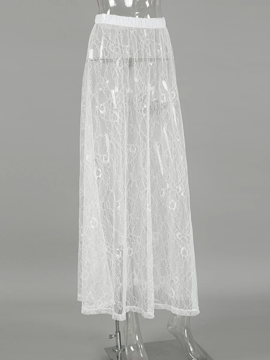New Jacquard Lace Sheer Long Skirt Women Elastic Waist White Sexy Transparent Maxi Skirts Female Streetwear Fashion Faldas Jupe
