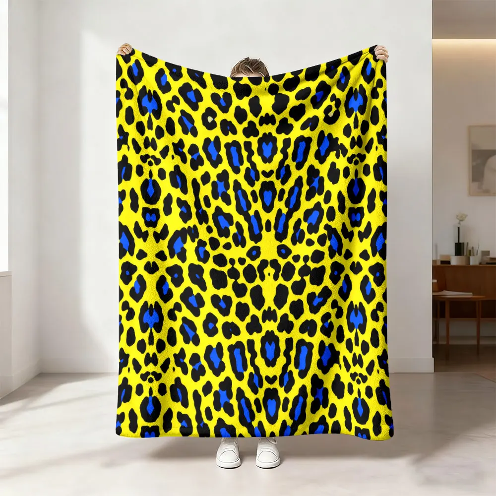 1pc Yellow Blue Contrast Leopard Print Flannel Blanket Soft Warm Sofa Nap Throw Blanket For Bedroom Living Room Home Decorati