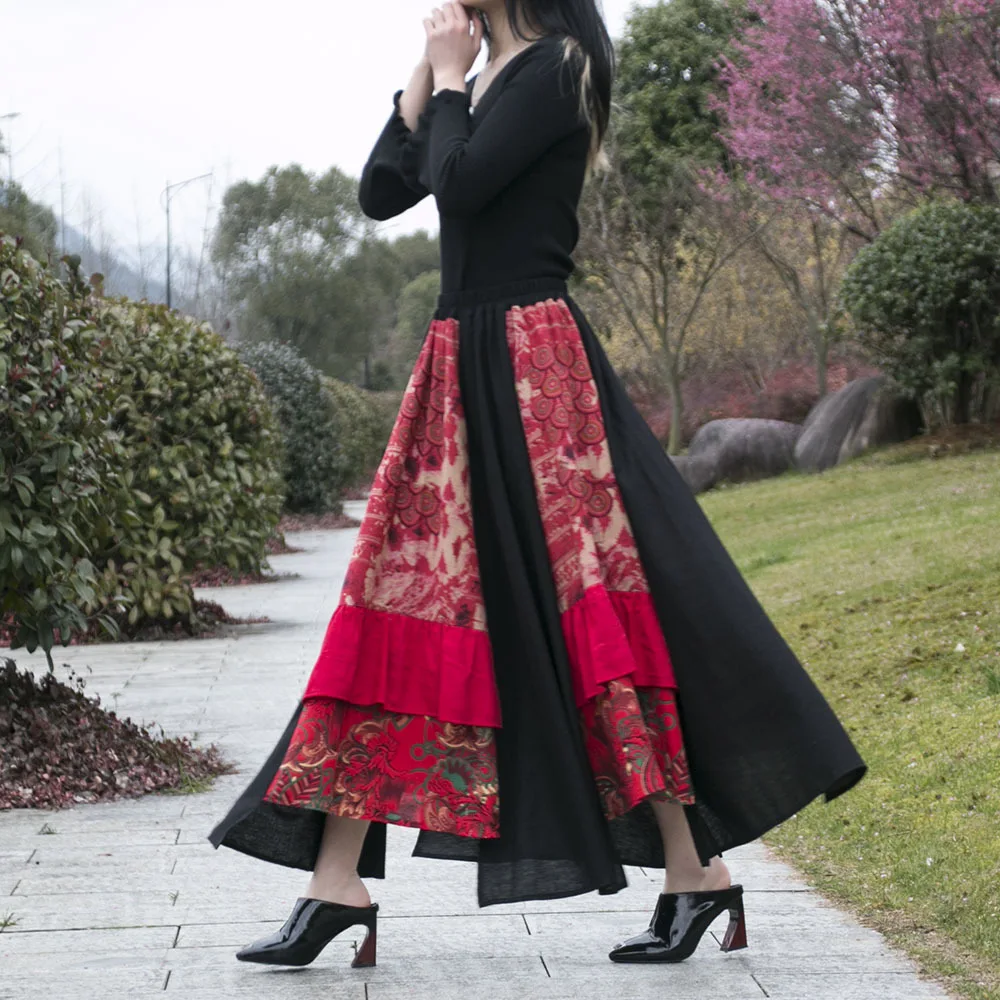 Free Shipping 2022 New Fashion Long Maxi A-line Elastic Waist Women Summer Cotton Linen Big Hem Patchwork Skirts Black Red