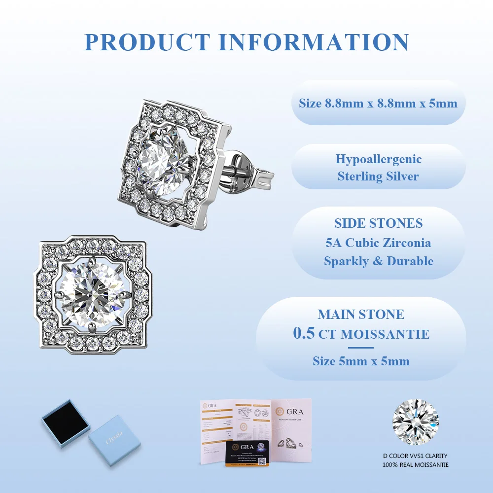 

D VVS1 Moissanite Stud Earring Geometric 18K White Gold Plated for 925 Sterling Silver Round Cut Luxury Earrings