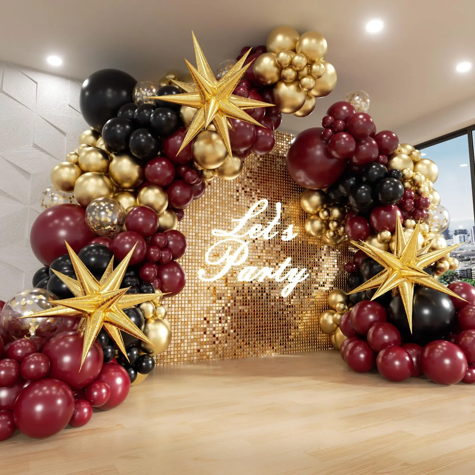 125Pcs Burgundy Balloon Arch Garland Kit with Burgundy Maroon Black Gold Foil Balloons for Birthday Bridal Shower Party Decor