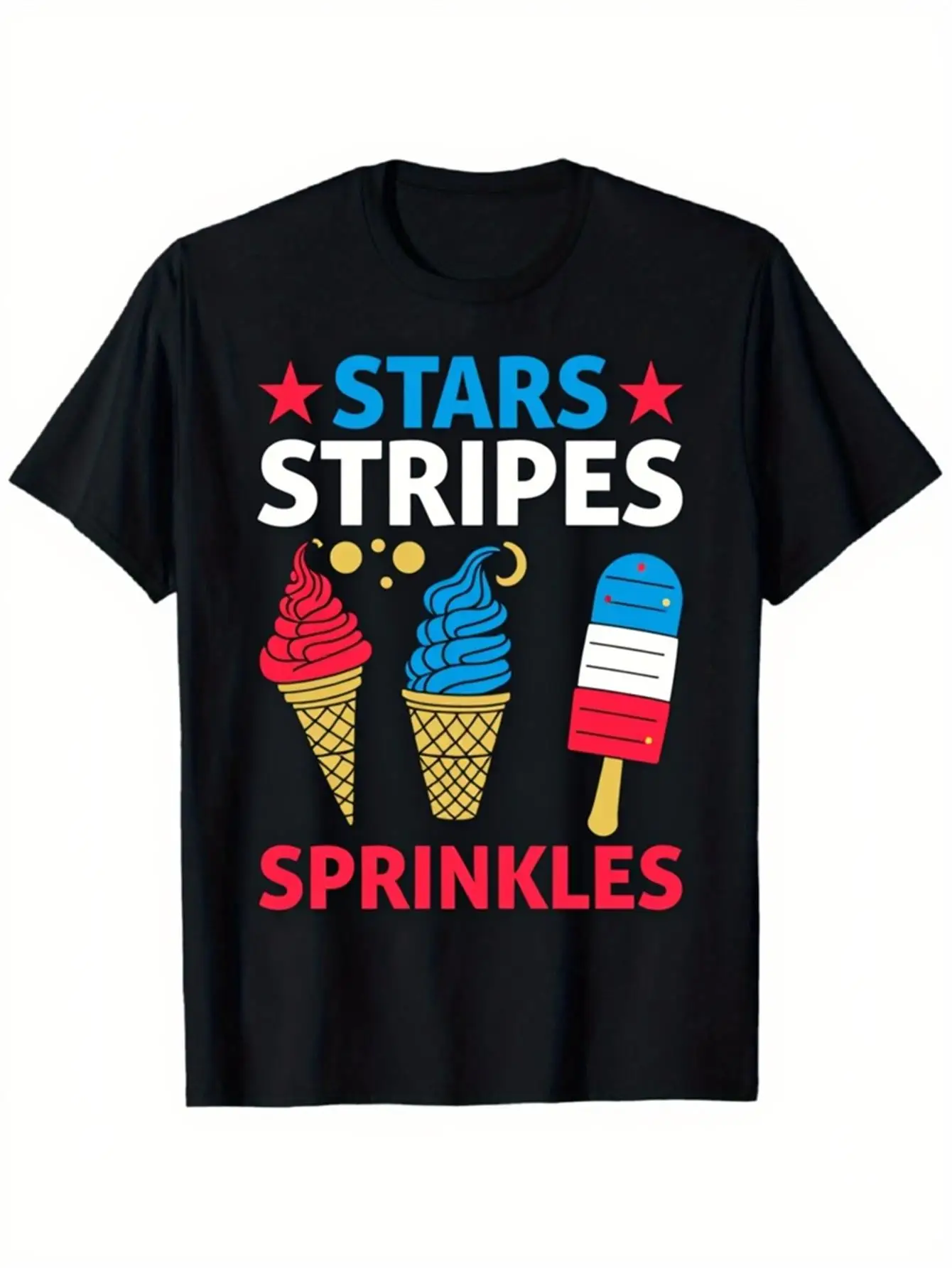 Funny Men's Black Graphic T-Shirt Ice Cream Cone Popsicle Stars Sprinkles Bold Letter Print 100% Cotton Heavyweight Short Sleeve Casual Streetwear Tee