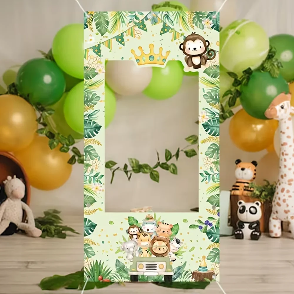 

Cartoon Jungle Animals Photo Booth Frame Props Kids 1st Birthday Party Shooting Backdrop Props Newborns Baby Shower Decor Banner