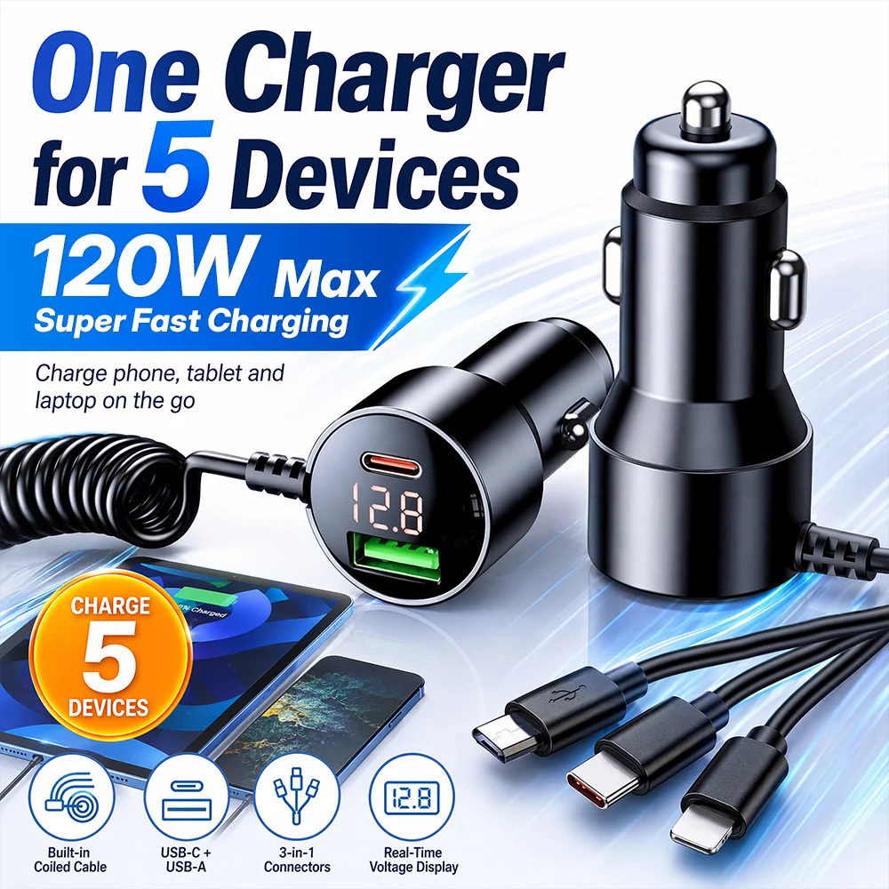 120W Car Charger 5 Ports Fast Charging PD QC3.0 USB C Car Phone Charger Type C Adapter in Car For iPhone 17 18 Pro Max Samsung