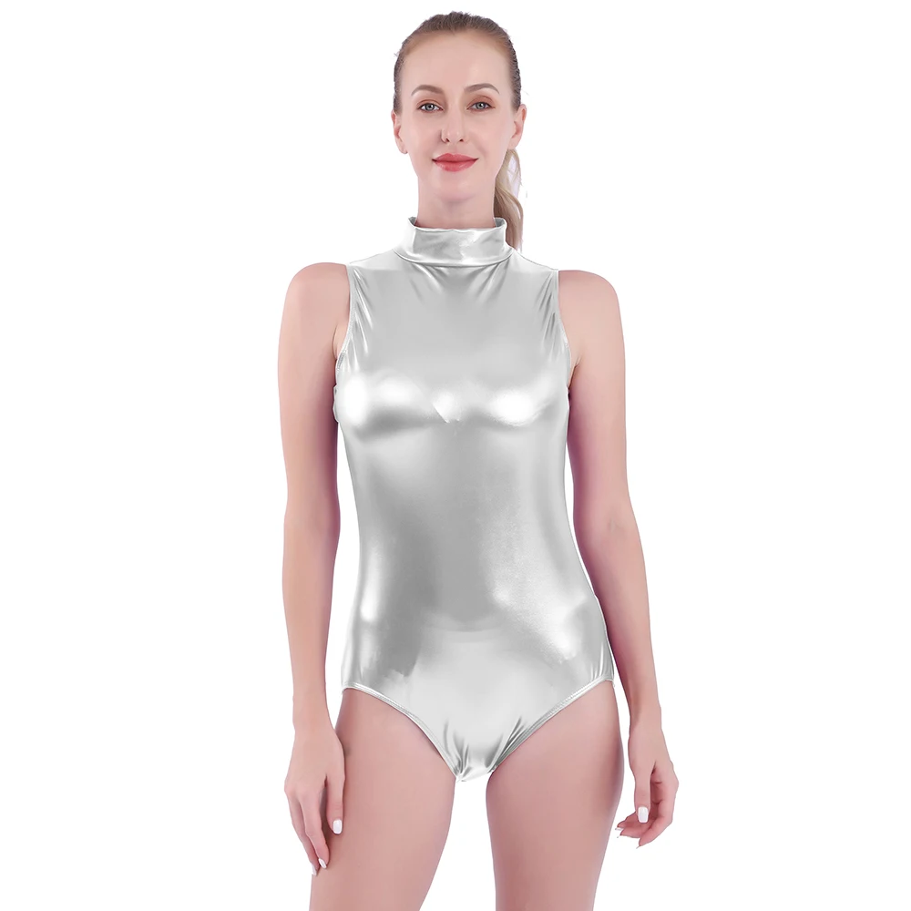 AOYLISEY Womens Shiny Metallic Dance Leotard Spandex Mock-Turtleneck Neck Zip Back One Piece Dancewear Bodysuit Stage Costumes