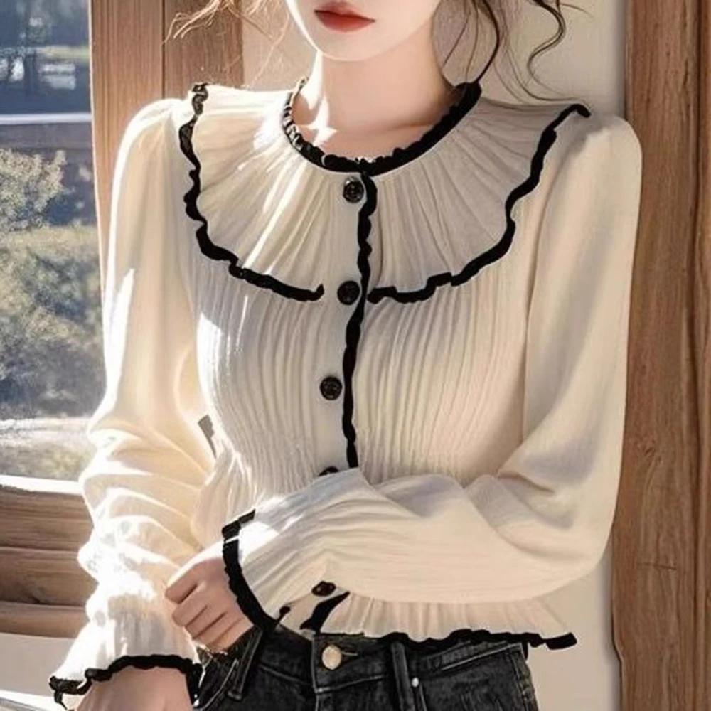 2025 French high-end foreign-style design long-sleeved shirt women's spring and autumn  ruffle edge unique beautiful top