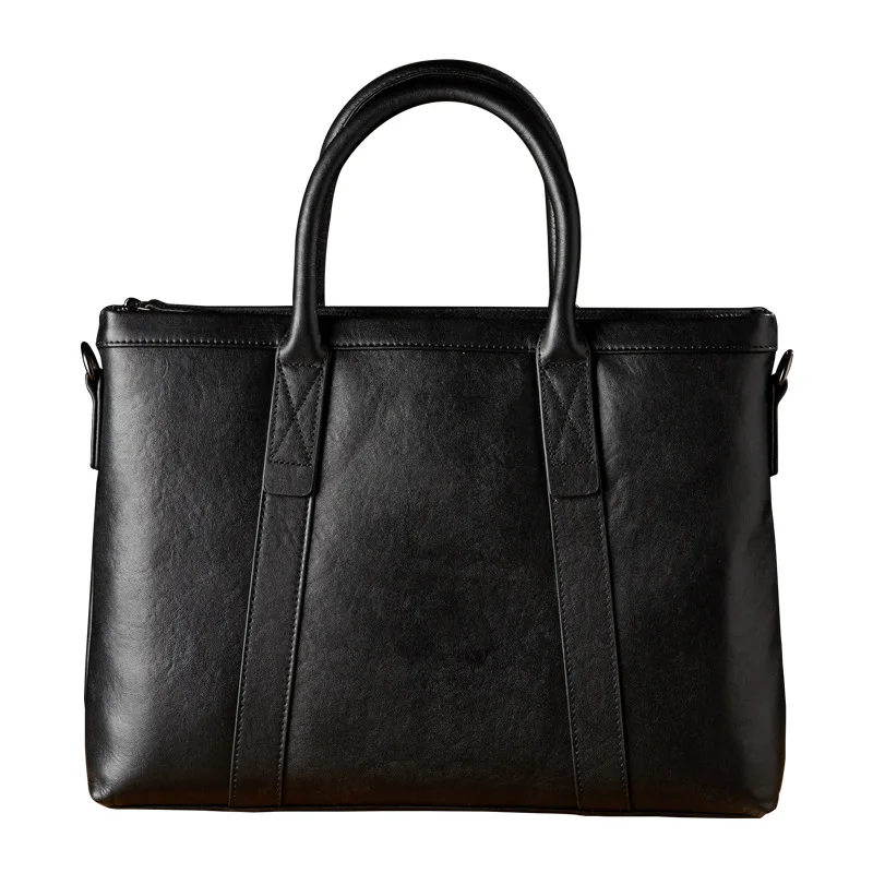 Sac à main d'affaires décontracté en cuir véritable noir pour hommes, sac pour ordinateur portable, couche supérieure simple, étui à bombes en cuir de vachette, sacs de messager lancés