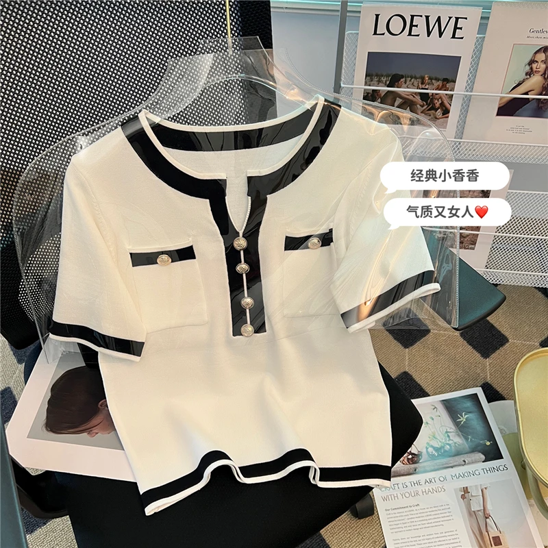 

2024 summer new Korean version of the short sleeve V-neck foreign style niche thin ice silk knit sweater small fragrance top