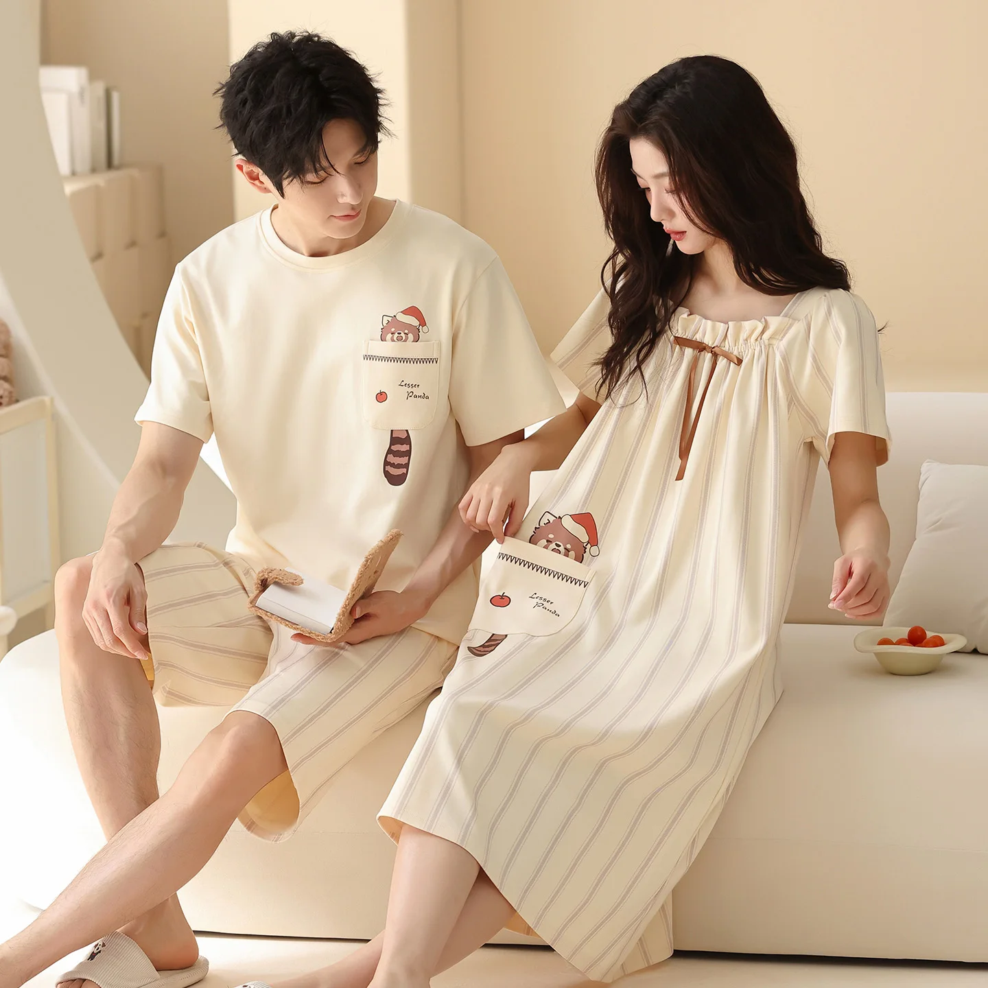 High Quality Couple Pajamas Set Men 100% Cotton Short Sleeve Pijamas Women Nightgown Lovers Cute Cartoon Sleepwear
