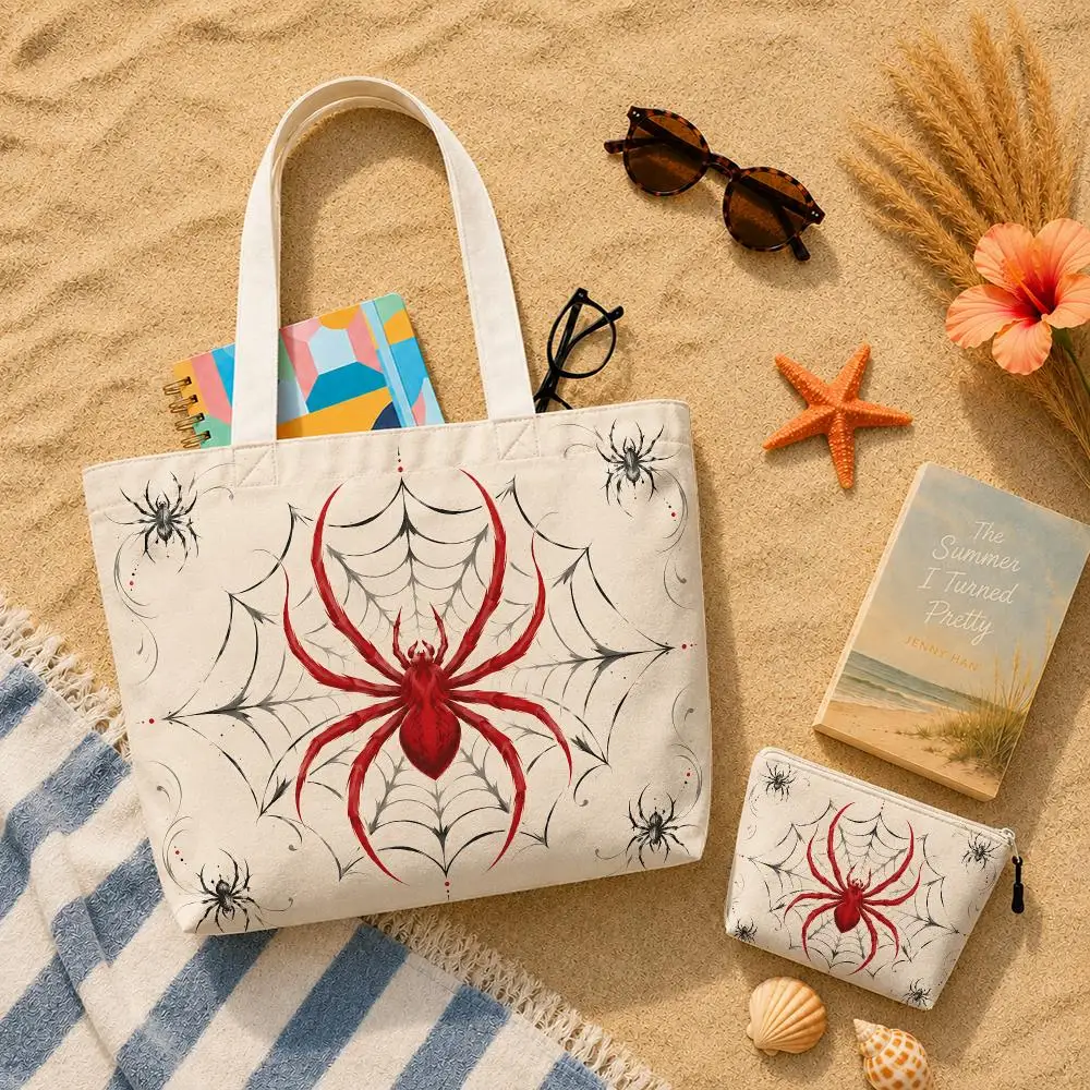 Red Spider Web Storage Bags 2-Piece Women's Canvas Zipper Large Capacity Reusable Daily Commute Shopping&Gift