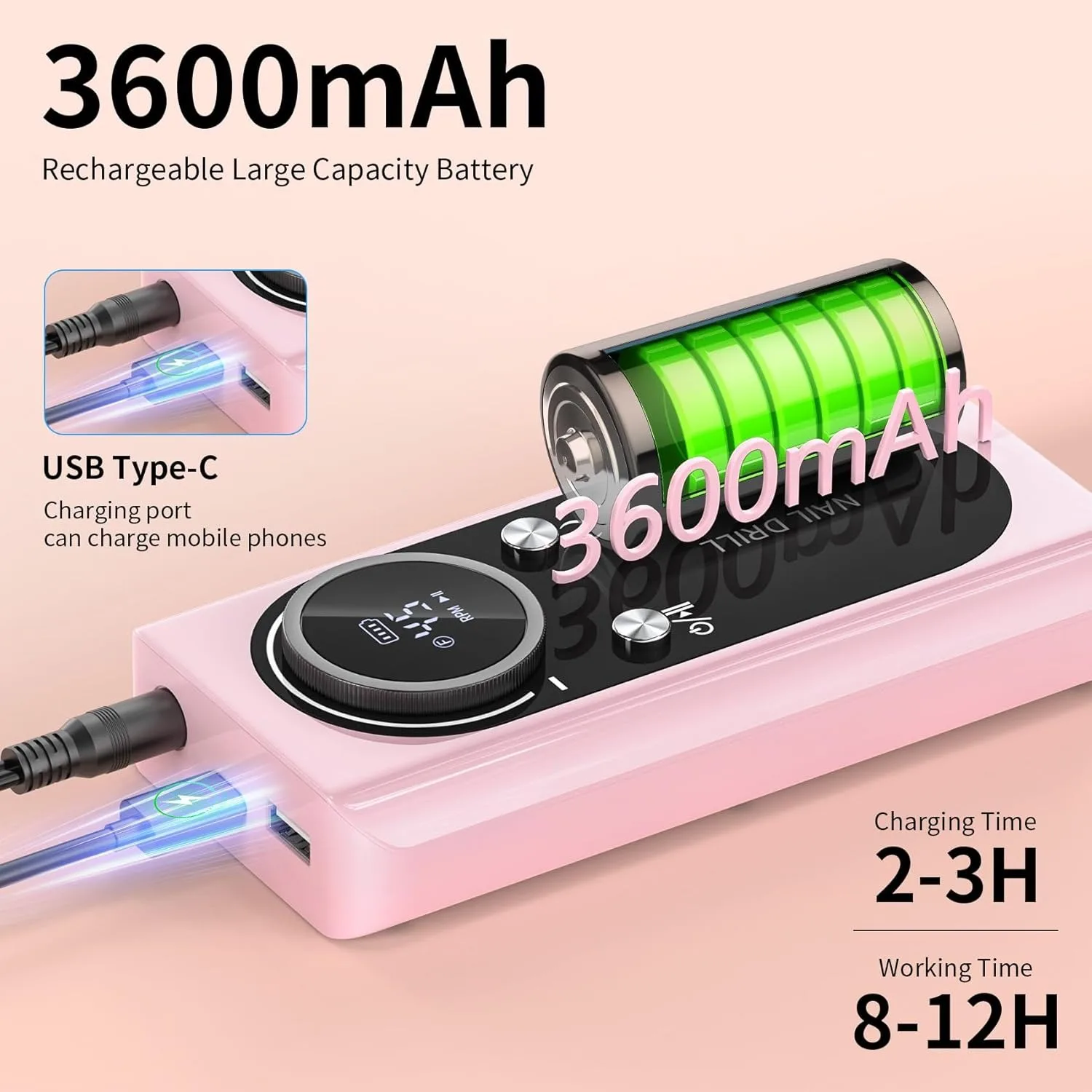 

Professional 45000RPM Electric Portable Nail Drill Machine Rechargeable Low Noise Nail Sander File for Manicure Salon Tool