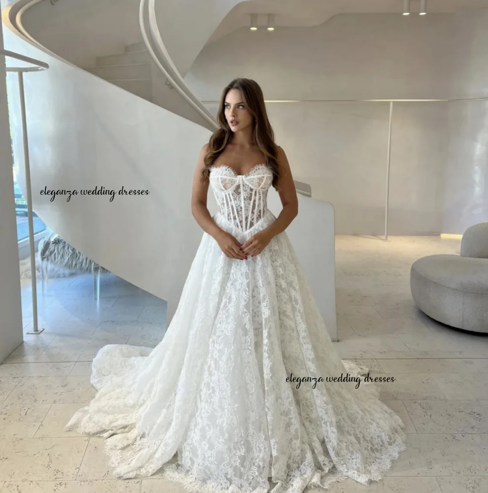 Customized White Lace Flower Strapless Wedding Dress Pleats Cut-Out A-Line Long Train Evening Dress Vestido de novia 2025