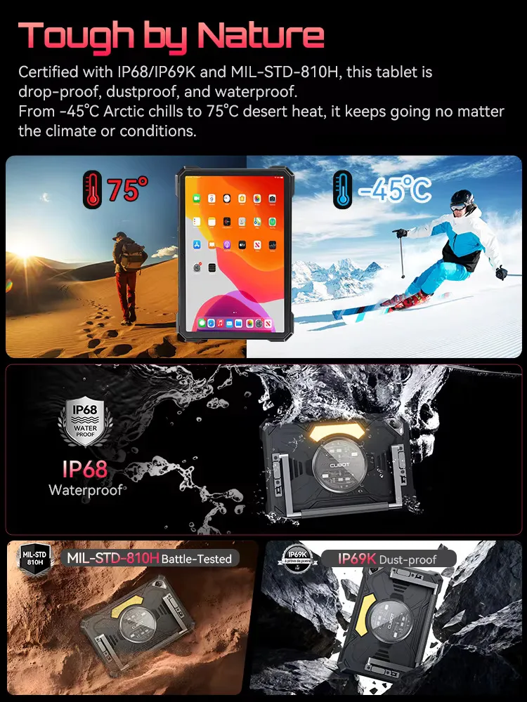 Cubot TAB KingKong S Tablet Android 15 15300 mAh Battery 16GB RAM(6+10)+256GB ROM 10.1" 90Hz Display Camping Light 48MP Camera