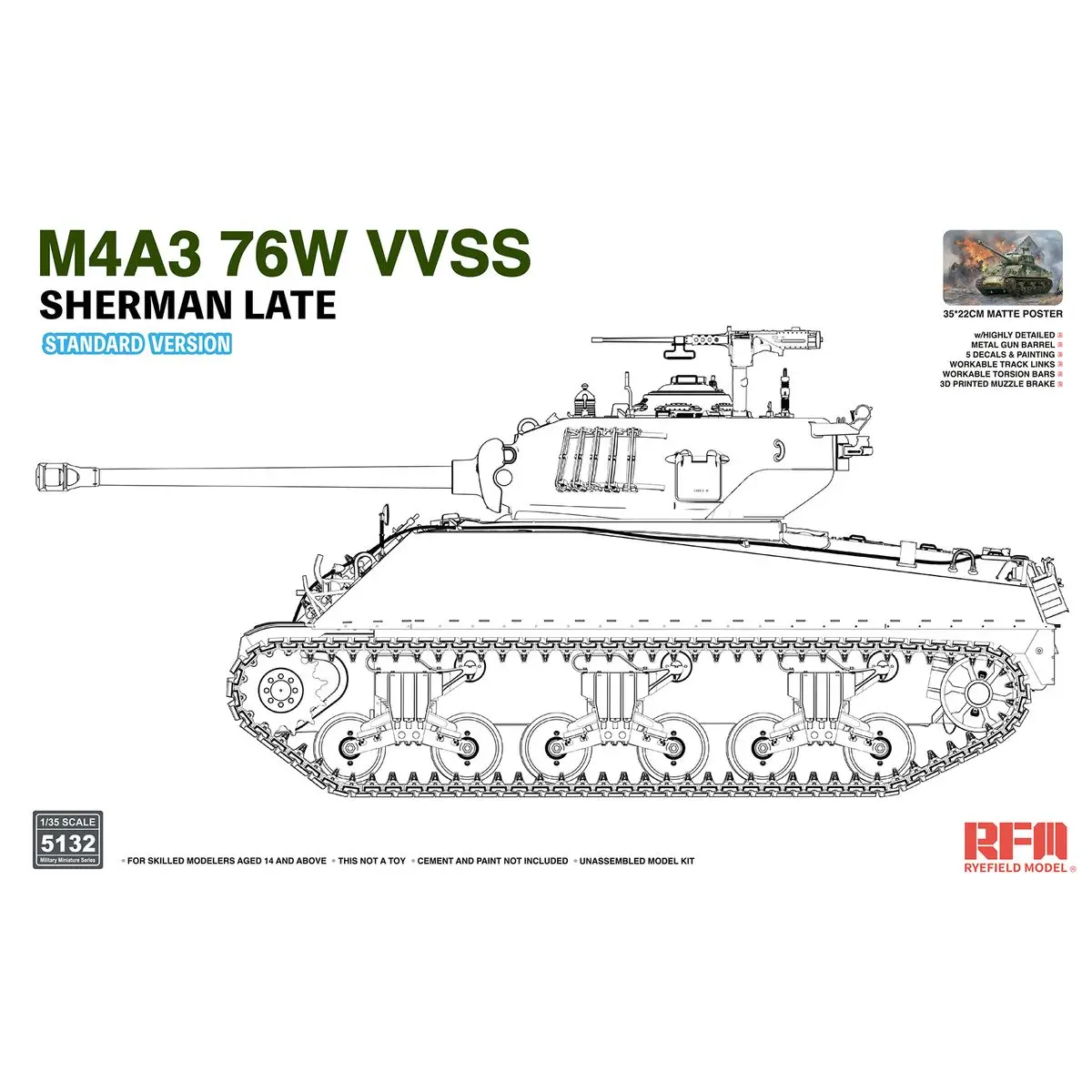 RYEFIELD MODEL RFM RM-5132 1/35 M4A3 76W VVSS Sherman Late Standard Version - Scale Model Kit