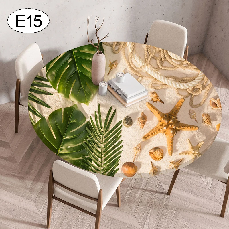 Ocean Style Round Tablecloth 60/90/120cm Waterproof Oil Resistant Elastic Fabric Table Cover For Home Restaurant Kitchen Decor
