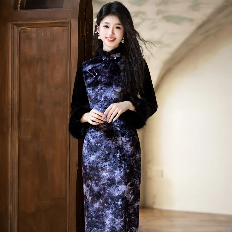 

Purple Velvet Thickened New Chinese Style Long Sleeved Cheongsam Improved Women's Retro Autumn and Winter Qipao
