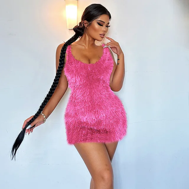 Furry Slip Solid Sexy Slim Bodycon Mini Dress 2023, jesienno-zimowa moda damska Odzież festiwalowa Impreza Klub nocny Y2K